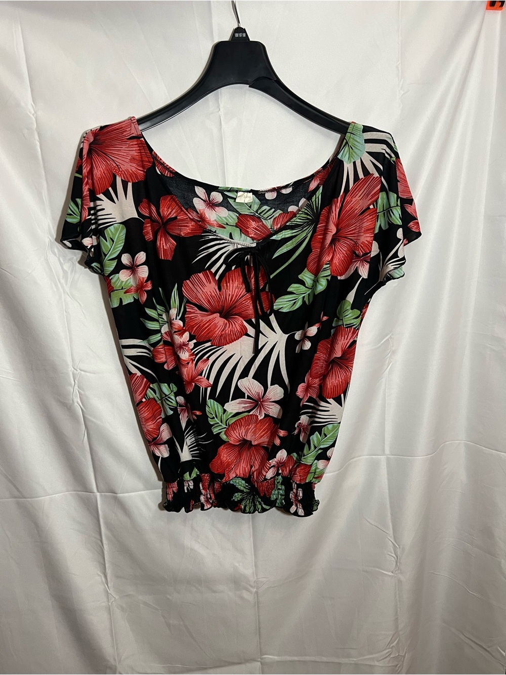 Large Floral Off-Shoulder Black Top with Red Hibiscus Print